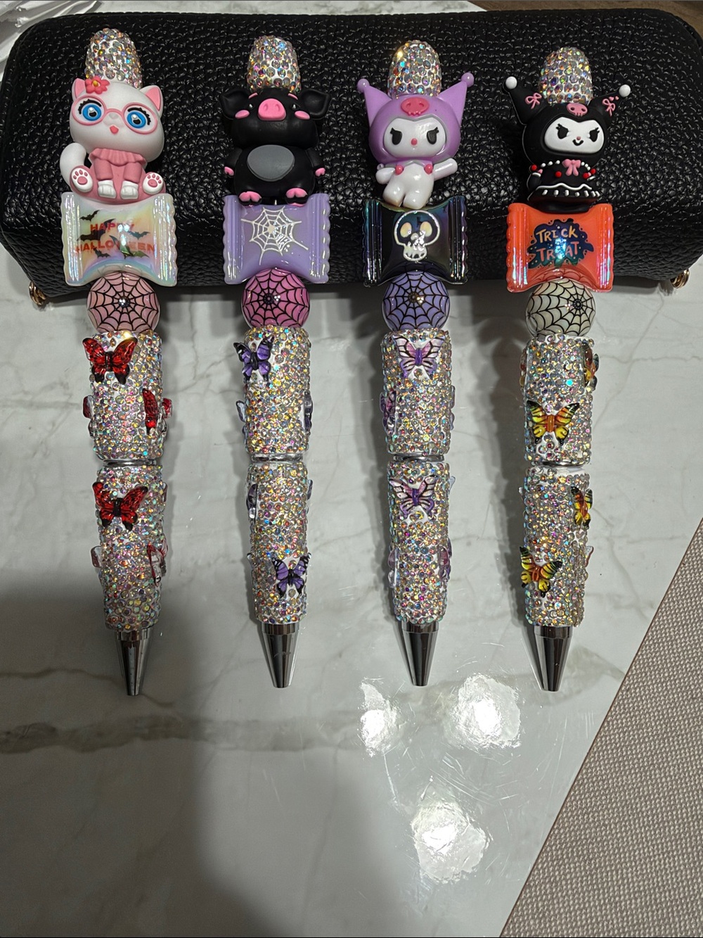 Set of 4 Sparkle Halloween Pens for Kids - Pink, Purple, Black, White